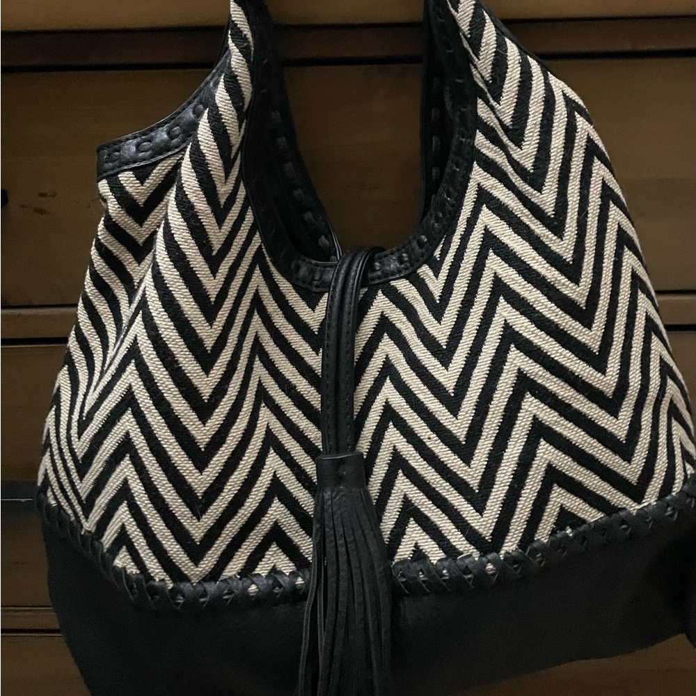 Big Buddha Black&Natural Chevron Shoulder Bag